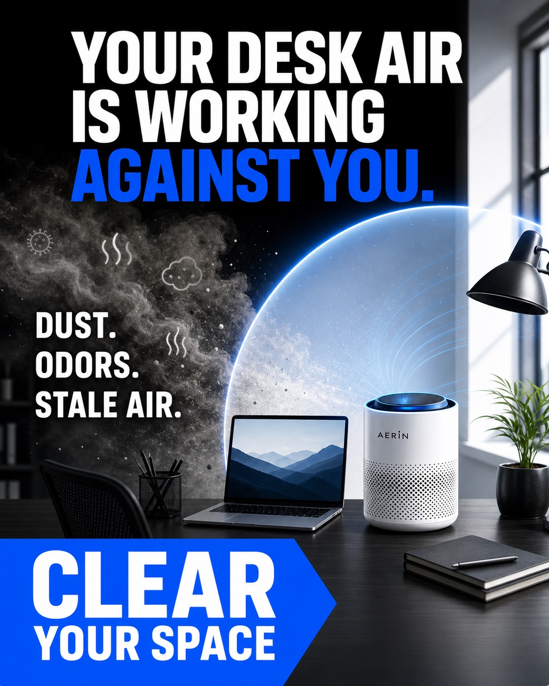 Problem agitation desk air purifier ecommerce static ad