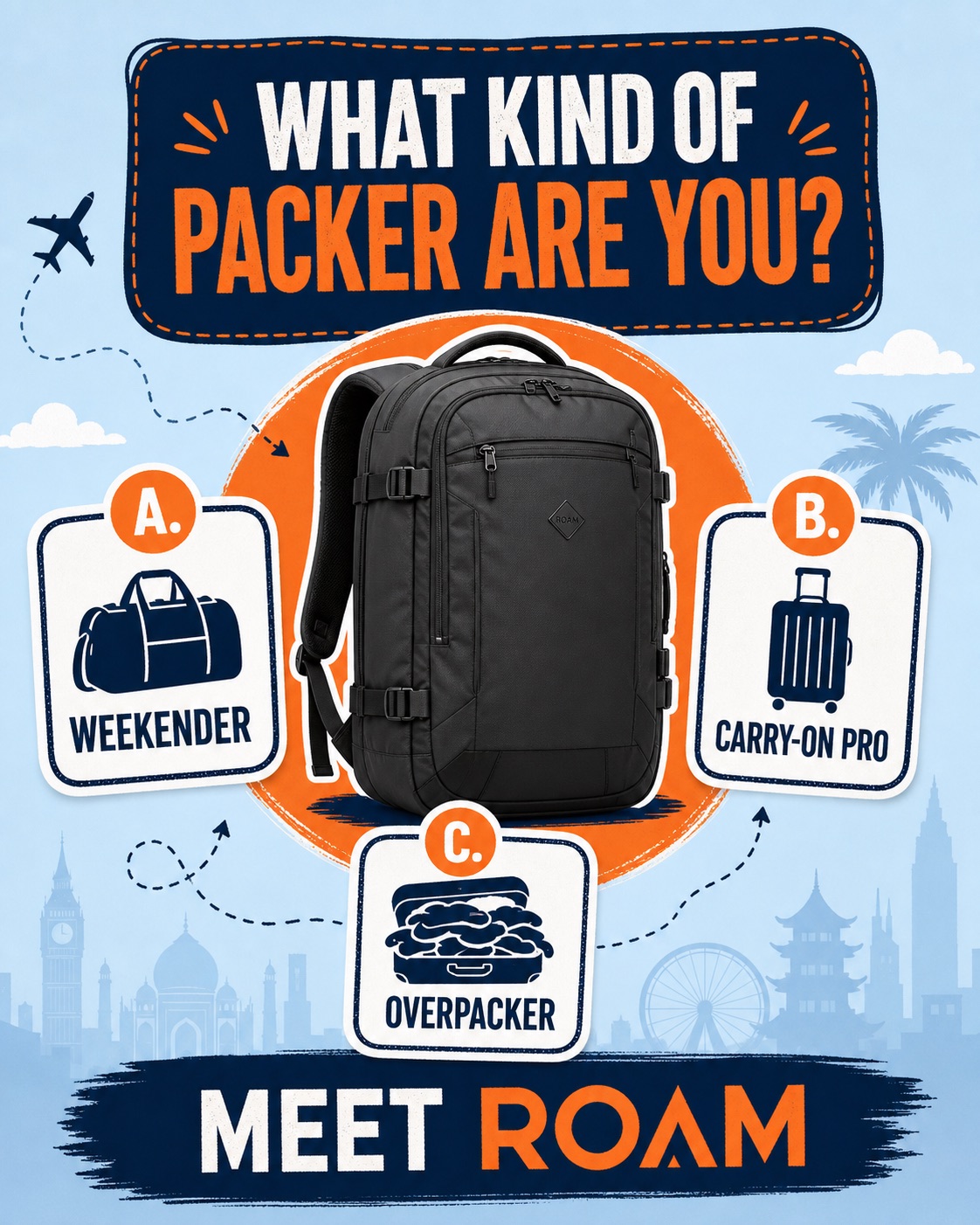 Interactive quiz travel backpack ecommerce static ad